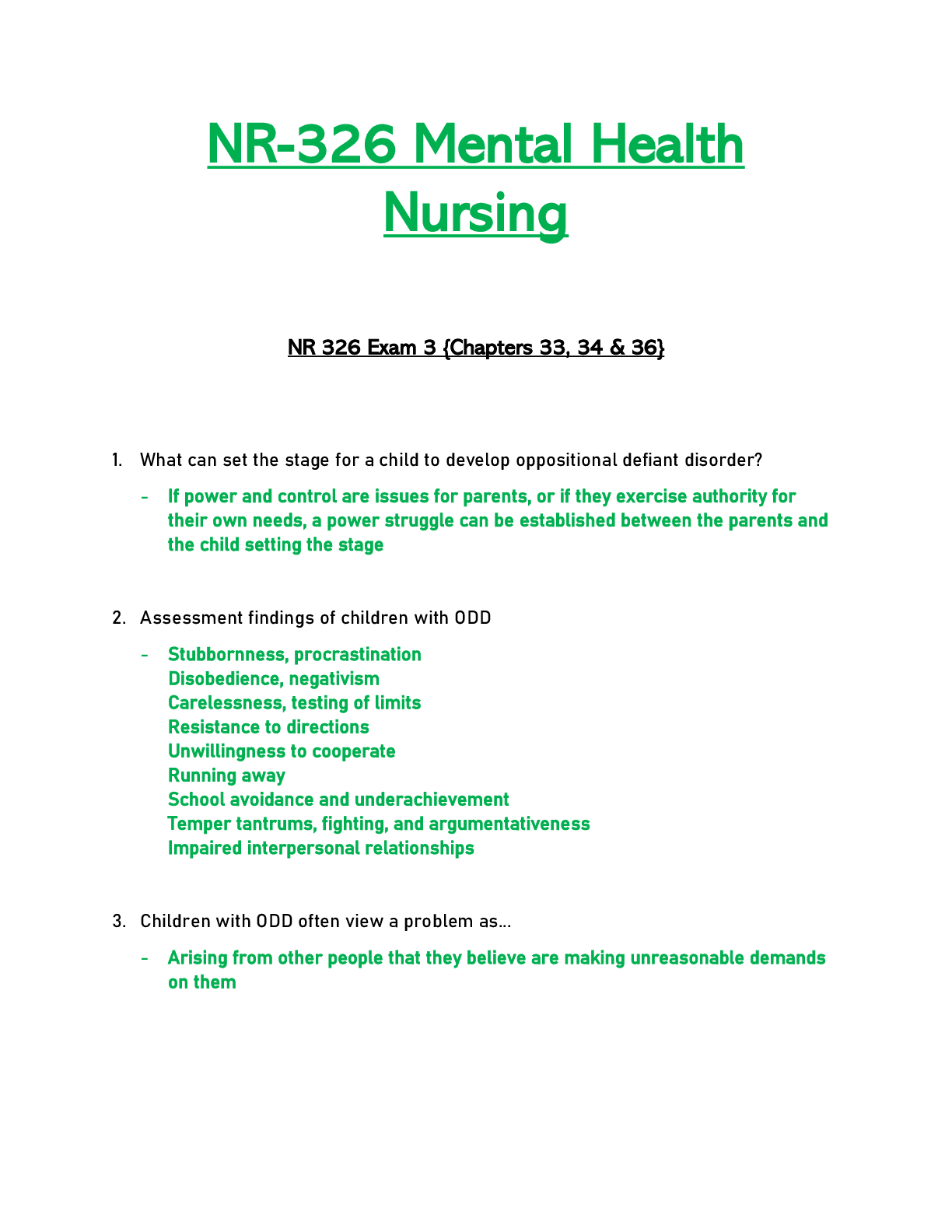 Preview of NR326 / NR 326 Exam 3  : Mental Health Nursing - Chamberlain